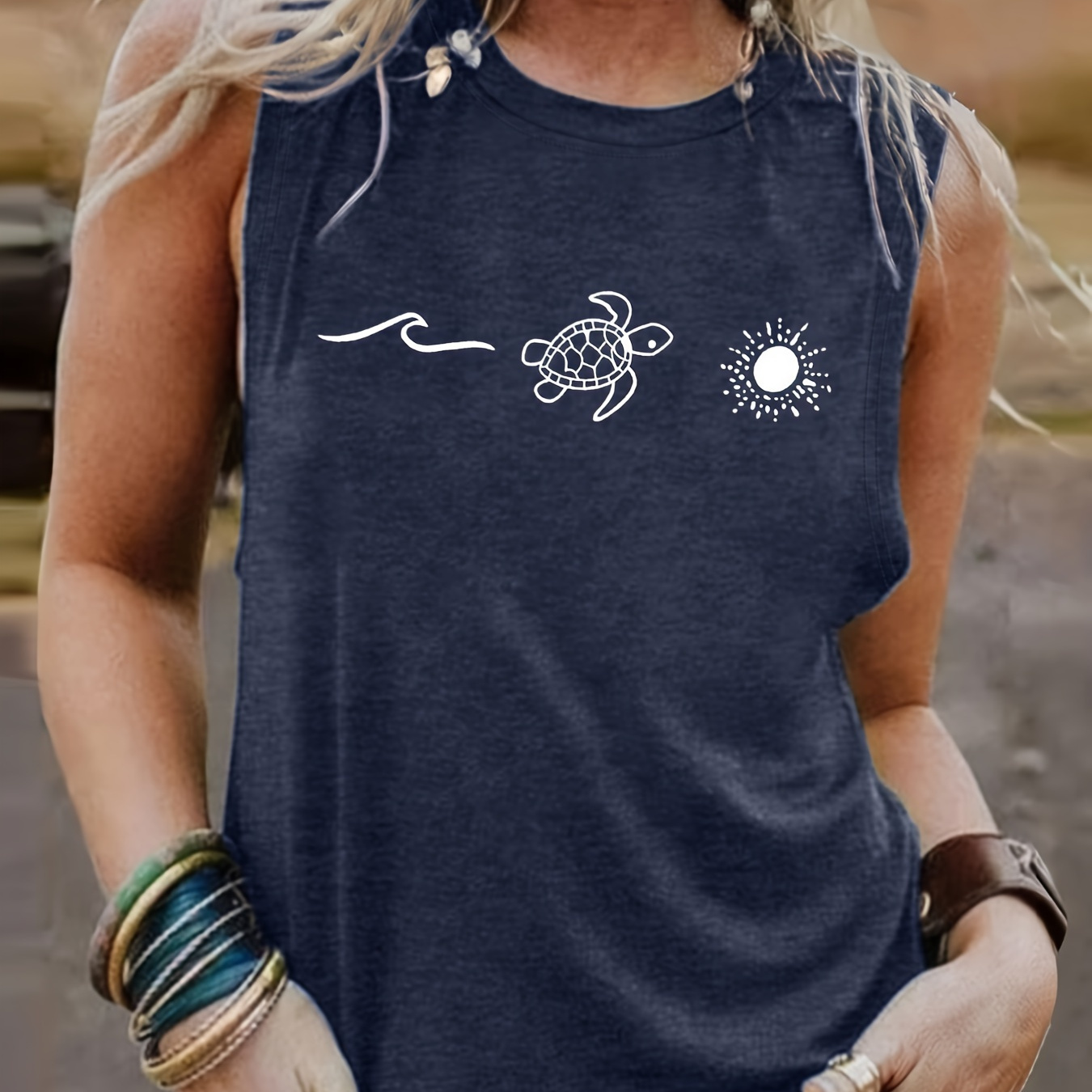 

Turtle Print Crew Neck Tank Top, Casual Sleeveless Tank Top For Summer, Women's Clothing