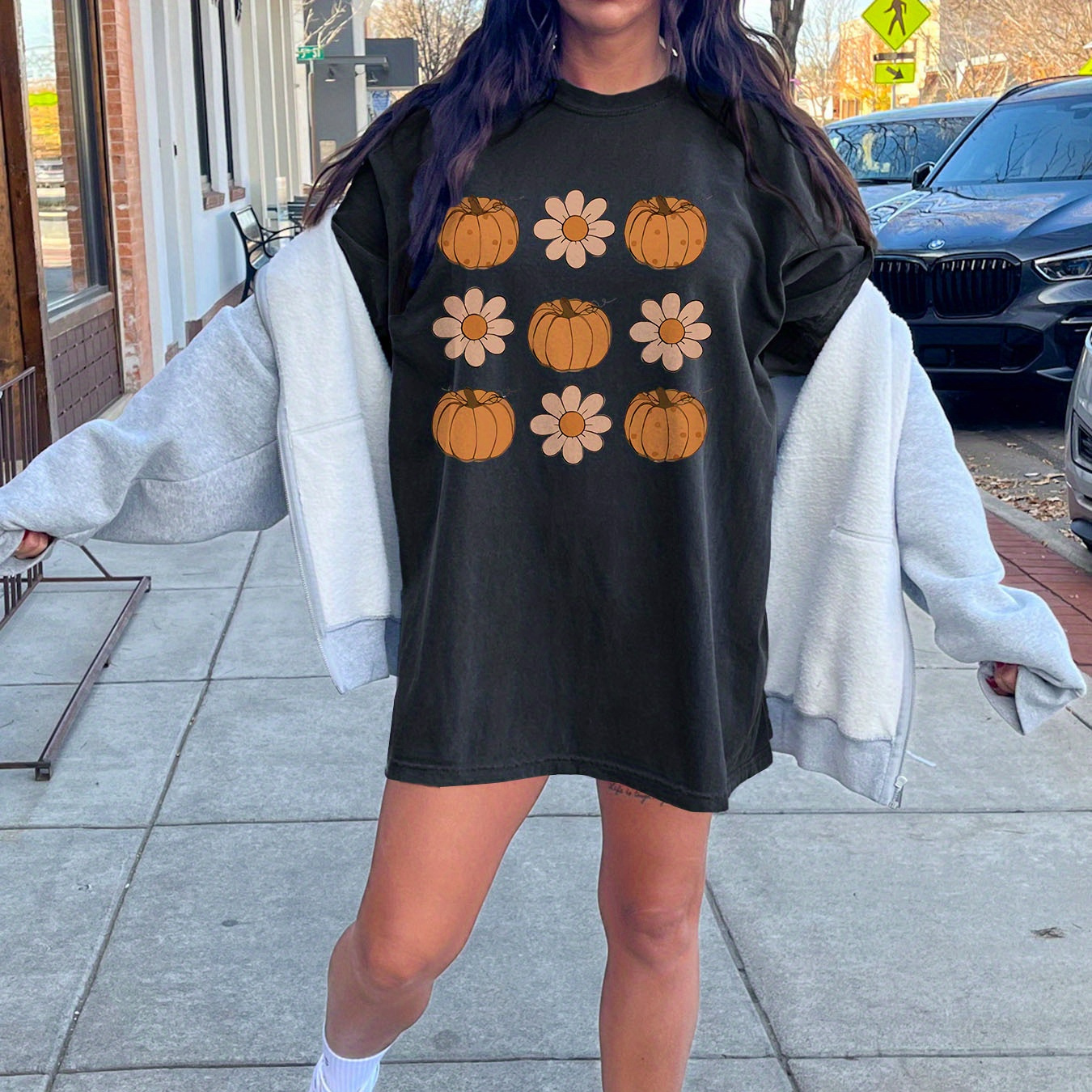 

Pumpkin Print Crew Neck Tee Dress, Casual Short Sleeve Dress For Spring & Summer, Women's Clothing