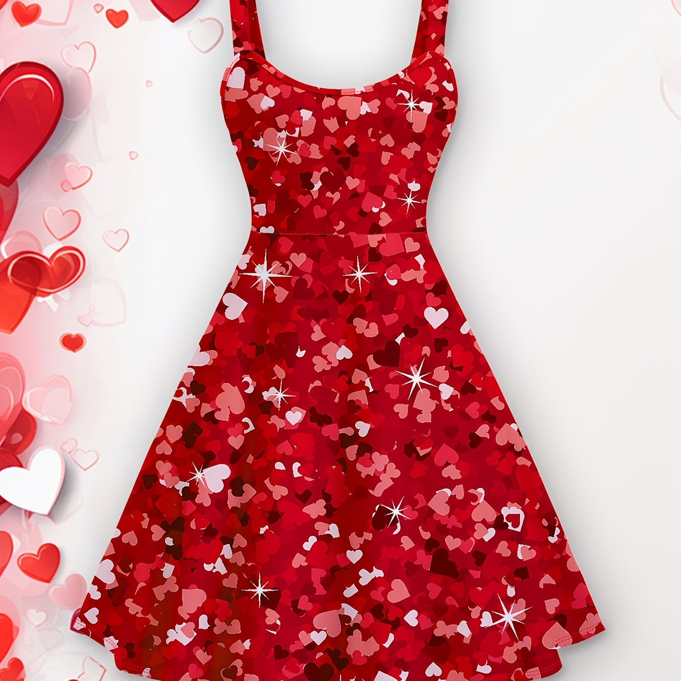 

Women's Elegant Valentine's Day A-line Halter Dress, 100% Polyester Knit Fabric, Sleeveless Spaghetti Strap, Heart Print Slip Dress For All