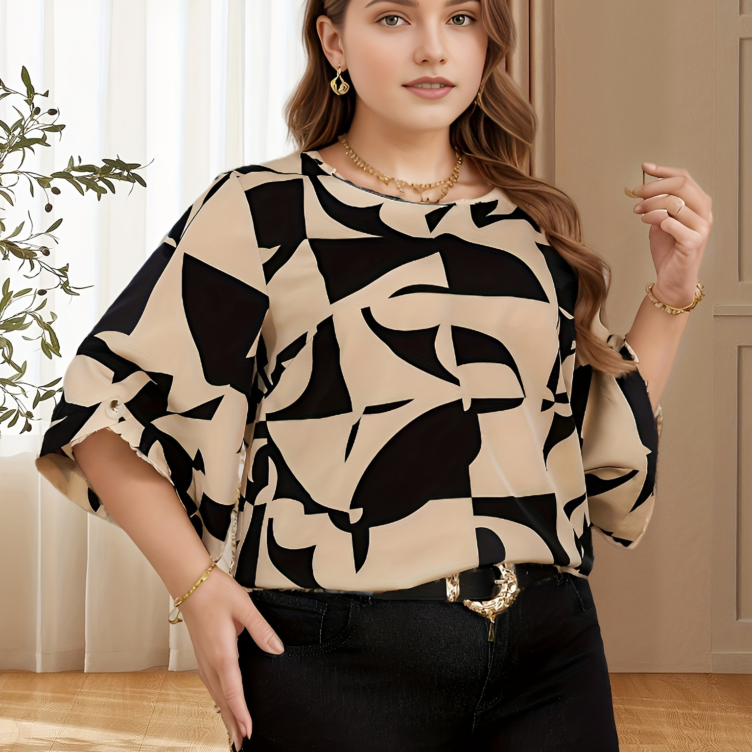 

Plus Size All Over Print Crew Neck Blouse, Elegant 3/4 Sleeve Blouse For Spring & Fall, Women's Plus Size Clothing