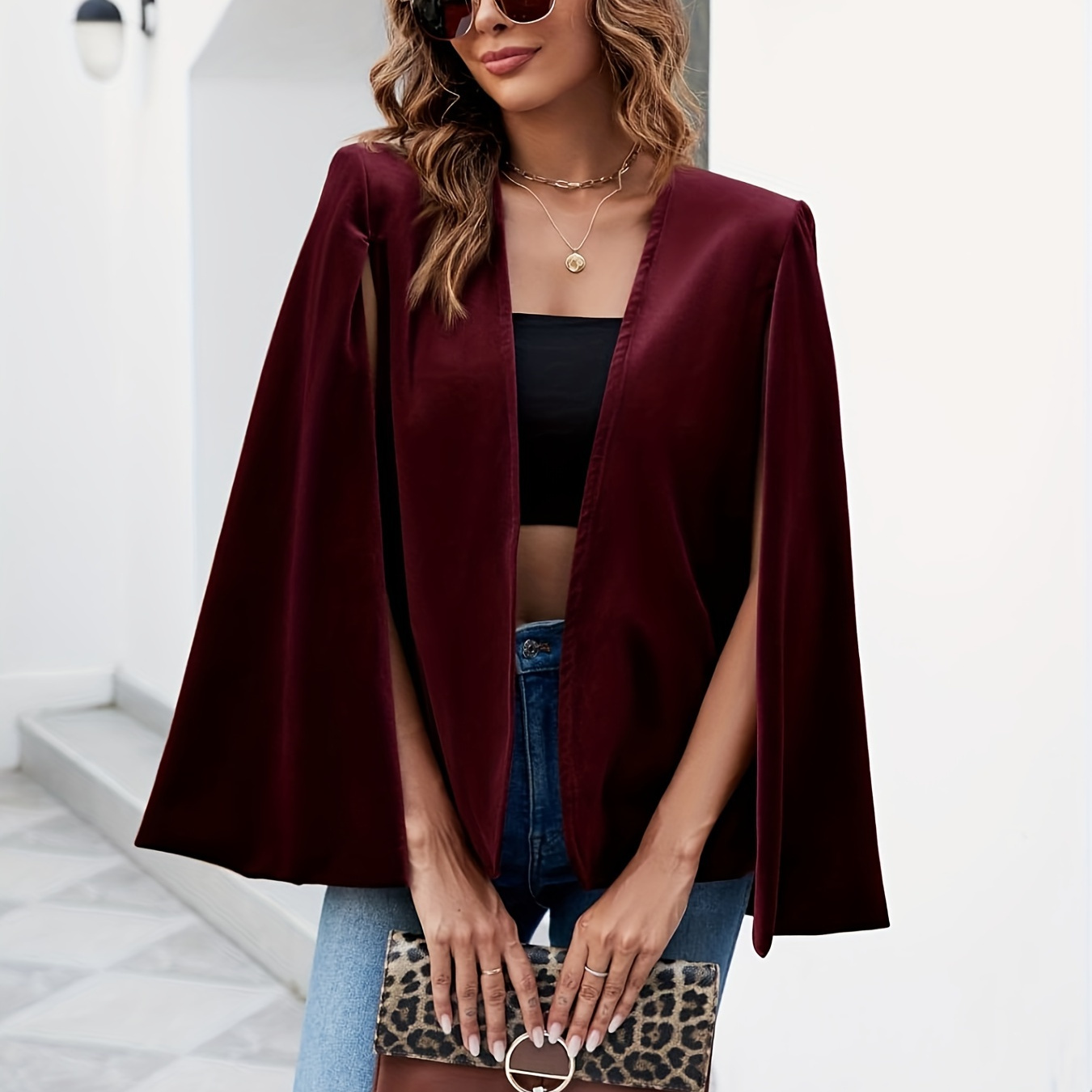 

Solid Color Open Front Blazer, Elegant Sleeveless Loose Split Crop Cloak Shawl Outerwear For Spring & Fall, Women's Clothing