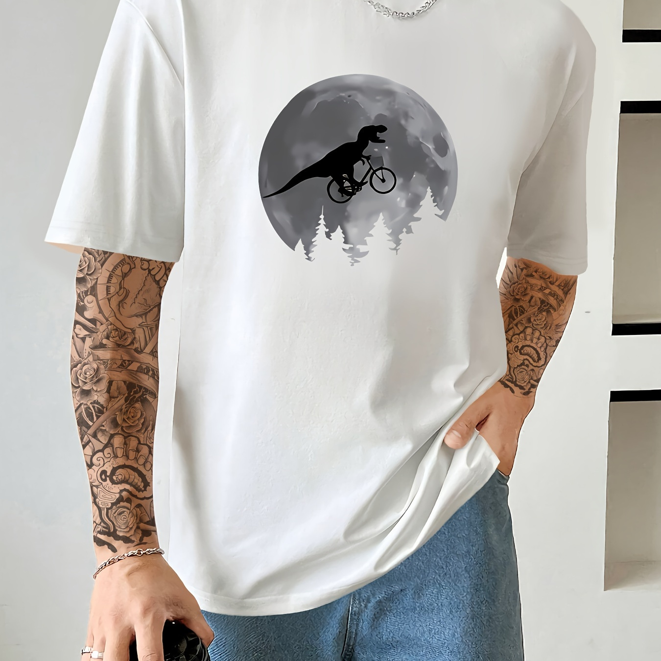 

Dinosaur Biking Print T Shirt, Tees For Men, Casual Short Sleeve T-shirt For Summer
