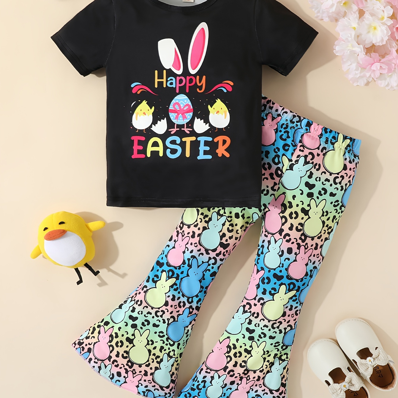 

Girls Easter 2pcs Cute Rabbit Print Short Sleeve T-shirt & Gradient Leopard Print Flare Leg Pants Set