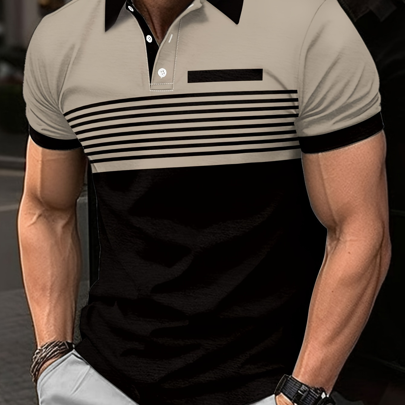 

Men's Colorblock Stripes Print Golf T-shirt For Summer Outdoor, Trend Leisure Short Sleeve Tennis Tees For Males