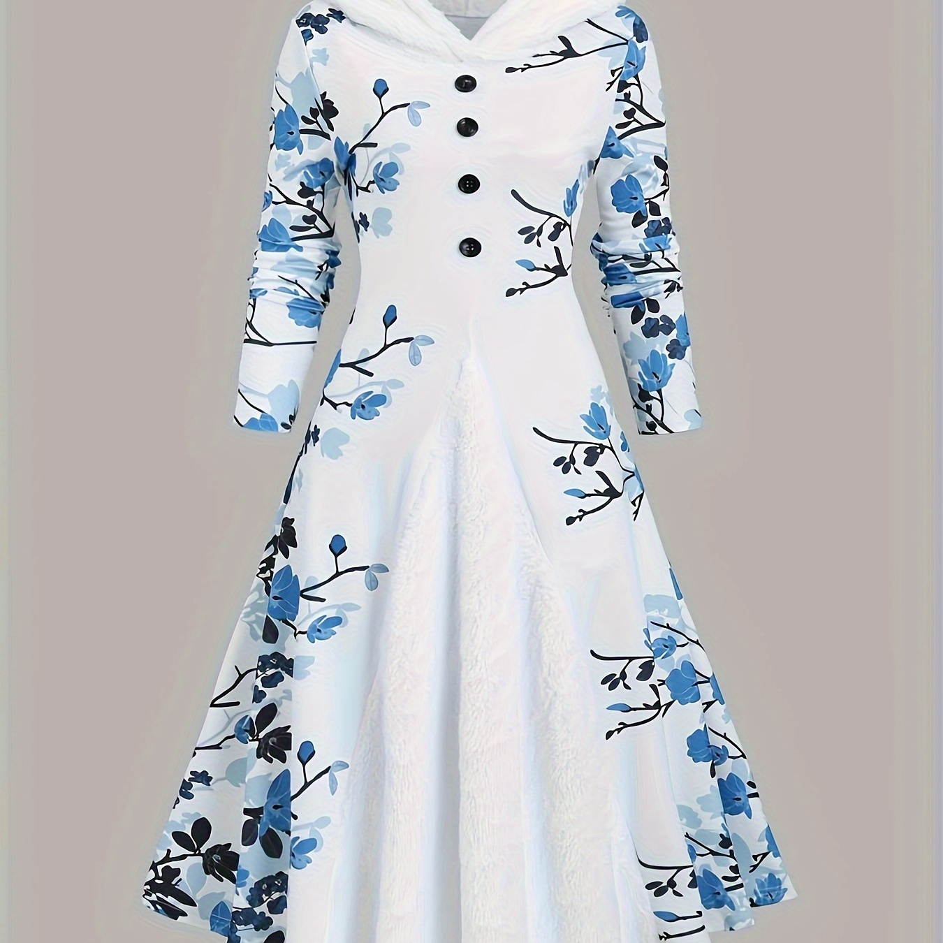 

Floral Print Button Button Front Hooded Dress, Elegant Long Sleeve Dress For Spring & Fall, Women's Clothing