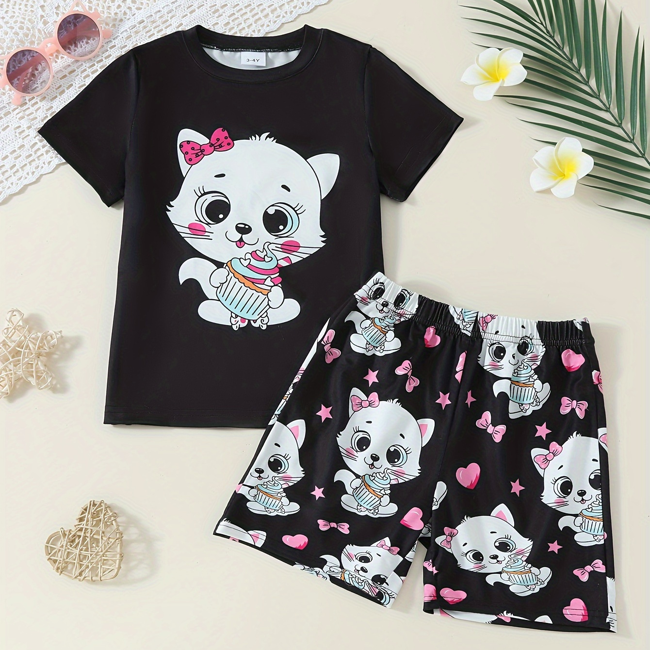 

Toddler Kid Girls 2-piece Pajama Set Cartoon Cat Print Crew Neck Short Sleeve T-shirt + Matching Shorts Comfy Loungewear