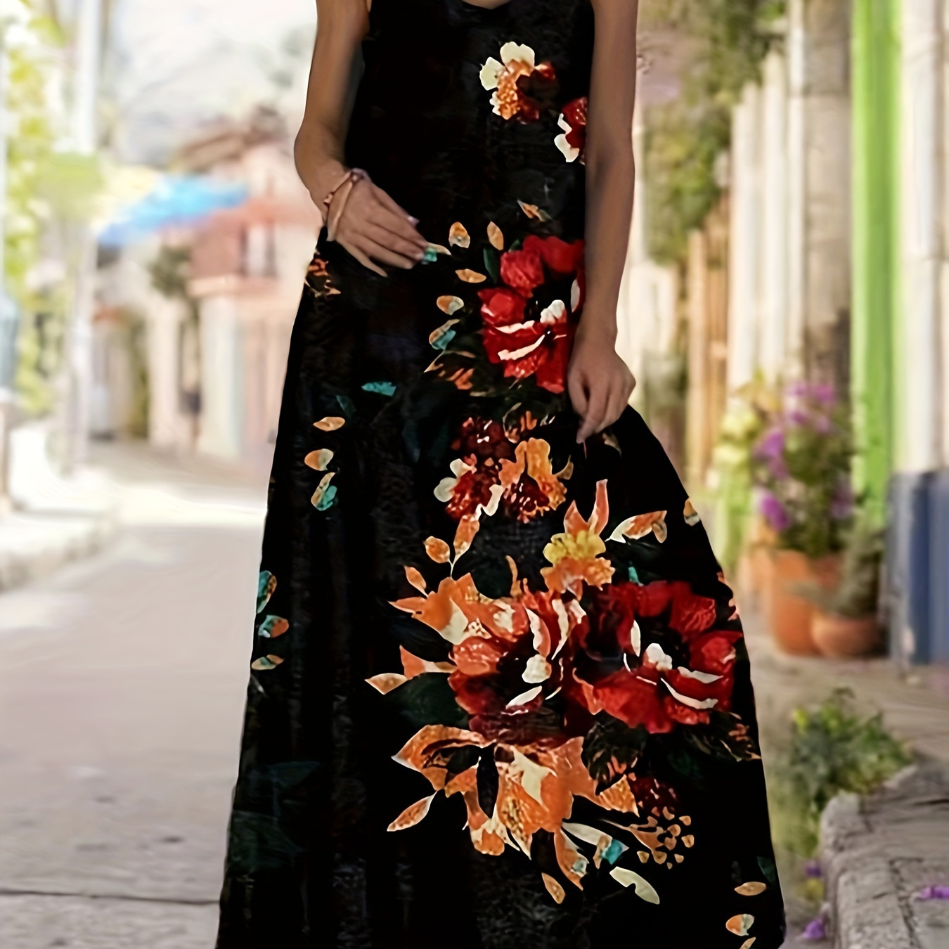 

Plus Size Floral Print Cami Dress, Elegant Sleeveless Maxi Dress For Spring & Summer, Women's Plus Size Clothing