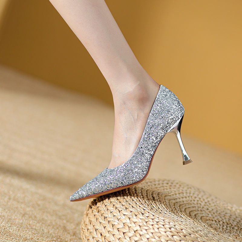 Solid Sequins Pointed Toe Shoes, Women's Stiletto Heeled Women's Sequin ...