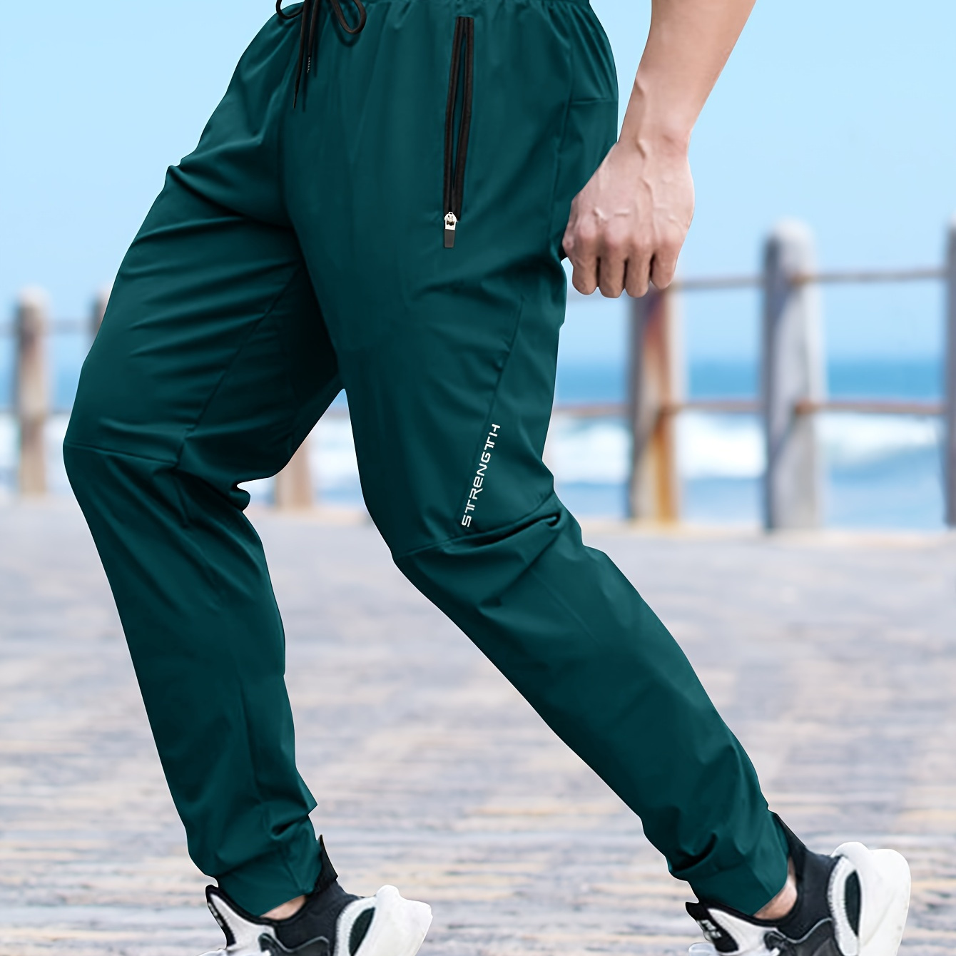 

Men's Summer Casual Solid Color Joggers With Drawstring, Zipper Pockets, Applique Detail, 100% Polyester Woven Fabric, Slight Stretch, Regular Fit Sweatpants