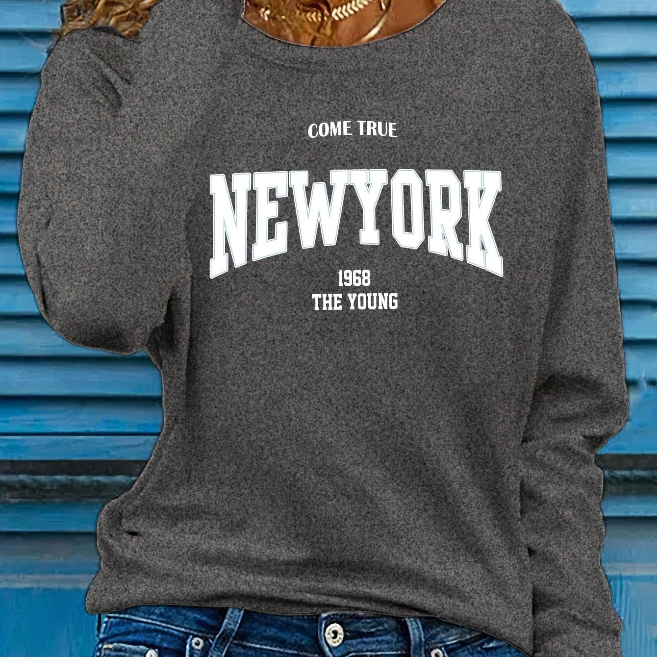 

New York Print Crew Neck T-shirt, Casual Long Sleeve T-shirt For Spring & Fall, Women's Clothing