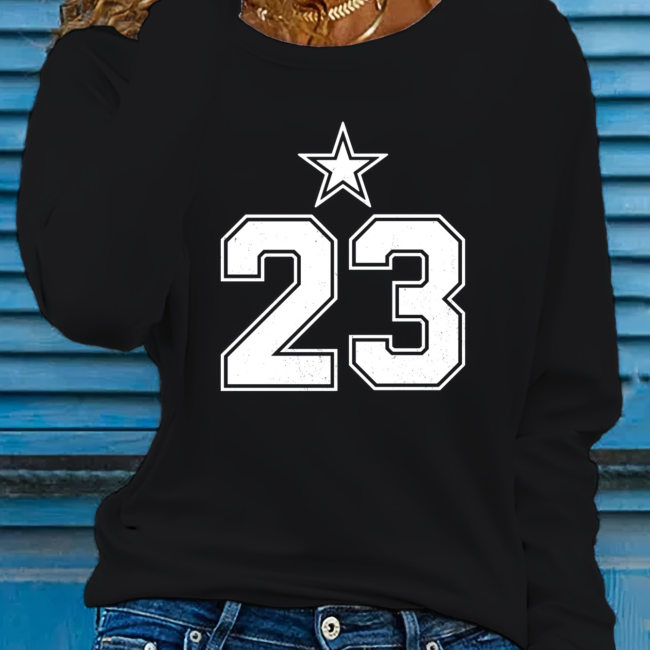 

Women's Long Sleeve Crew Neck T-shirt With Number 23 And Star Print, Casual Polyester Knit Fabric, Regular Fit Pullover For Fall/winter