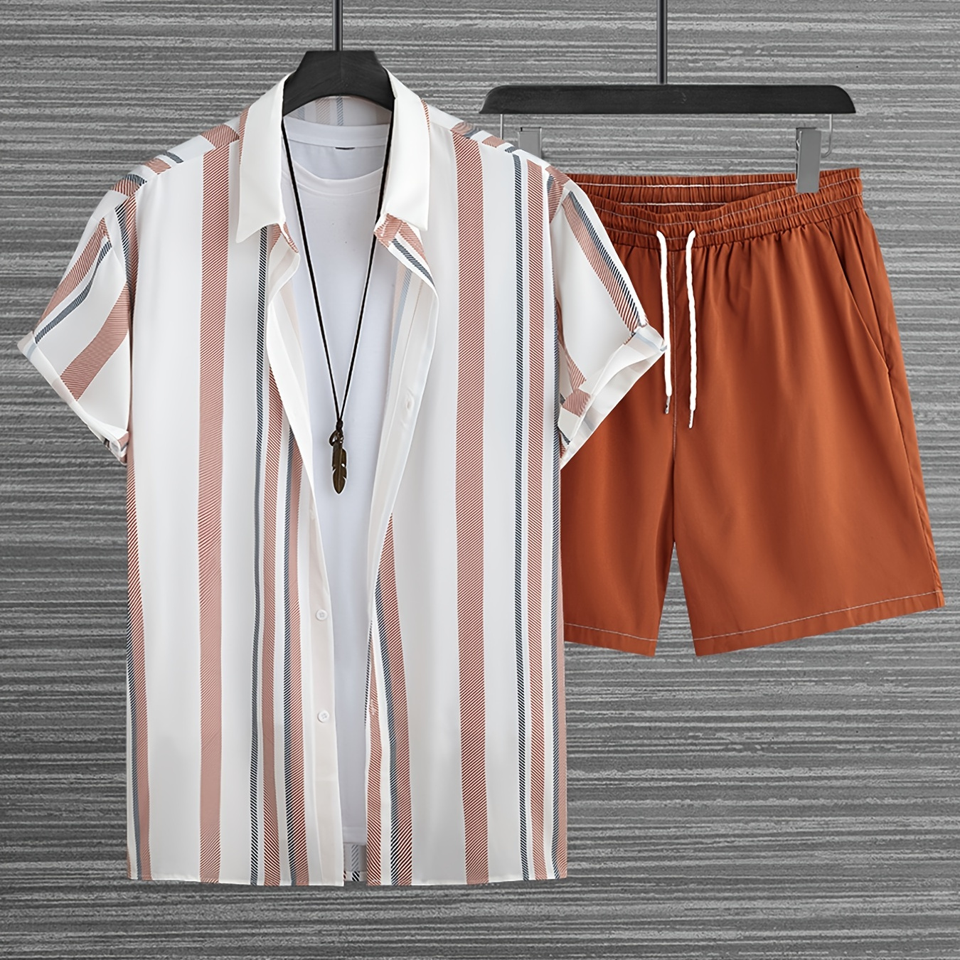 

Plus Size Men's Vertical Pattern Print Lapel Collar Shirt Shorts Set For Summer, Hawaiian, Beach Style