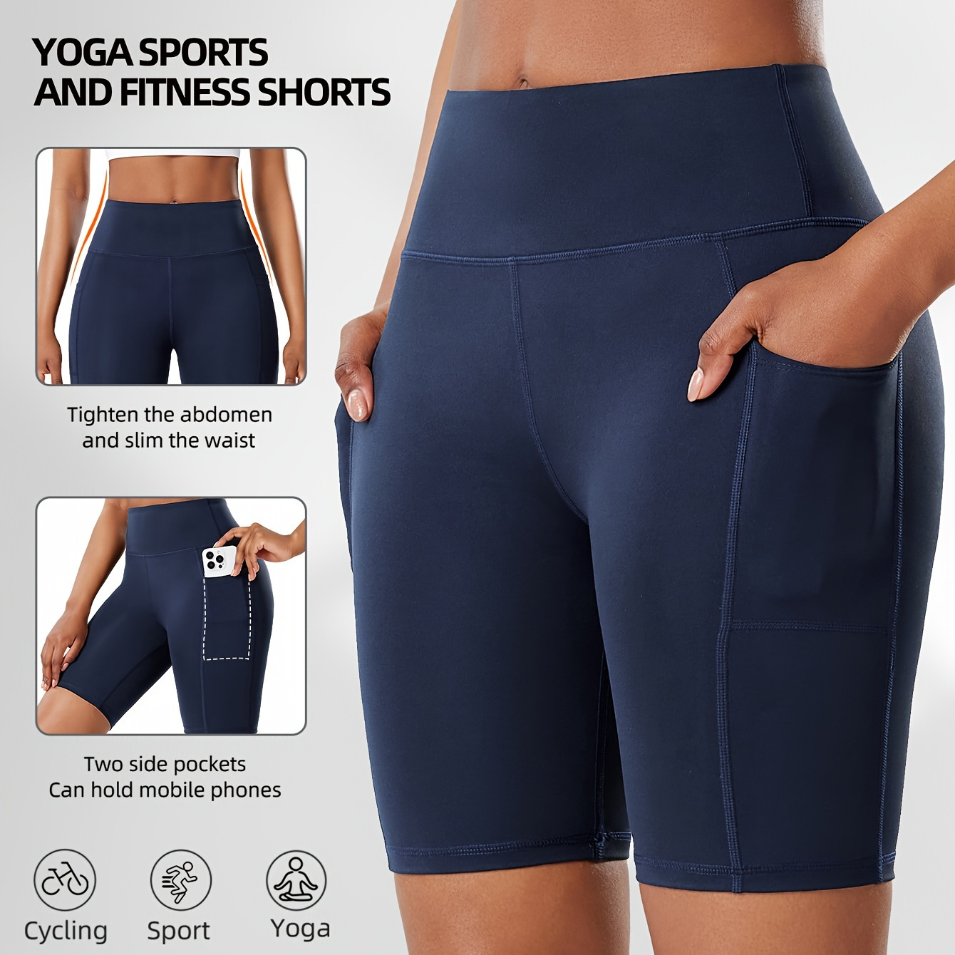 

High-waist Tummy Control Yoga Shorts With , Women's Quick-dry Stretch Sports Capri For Running And Training, Solid Color, Polyester/spandex