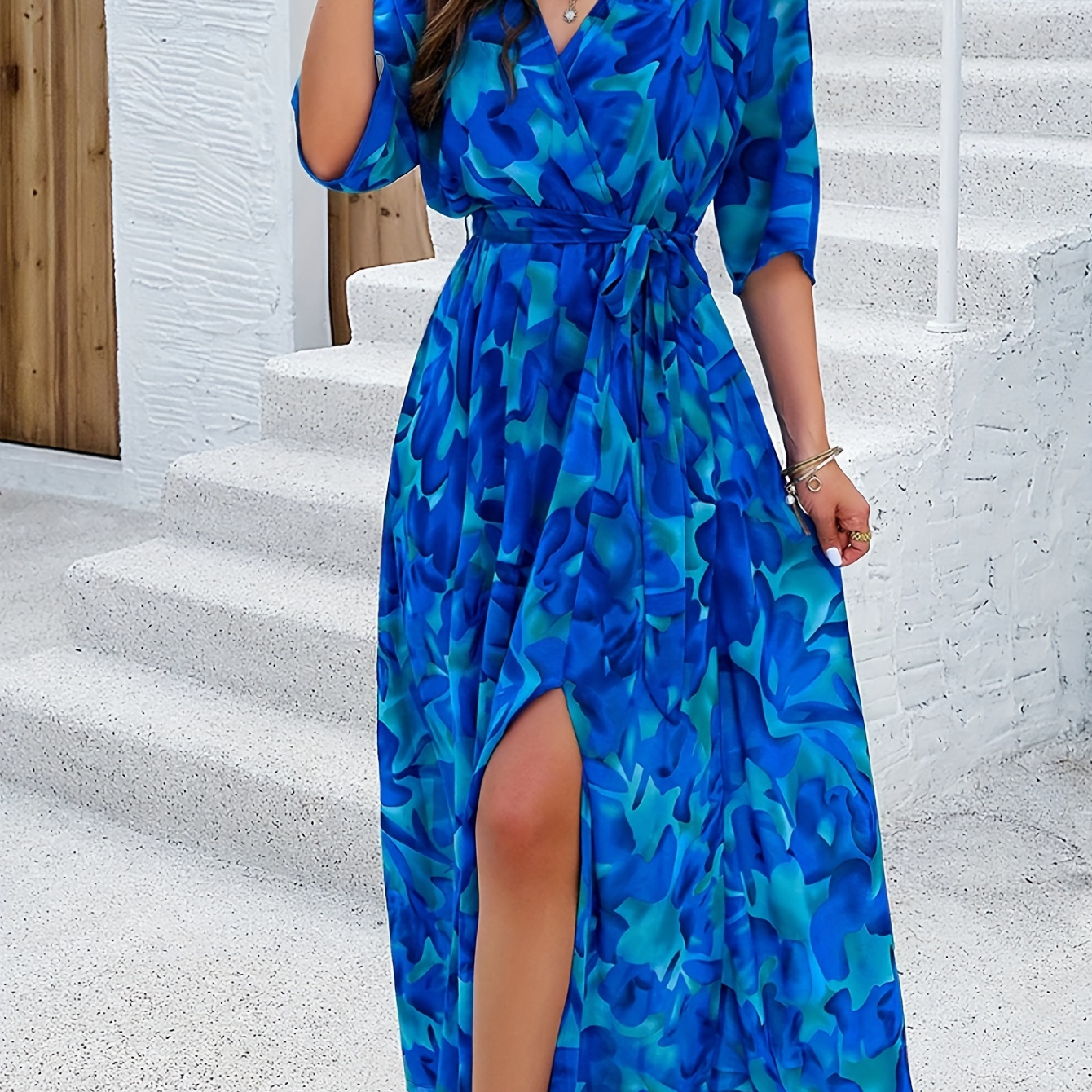 

Floral Print V-neck Belted Dress, Elegant Half Sleeve Split Maxi Vacation Dress For Spring & Summer, Women's Clothing