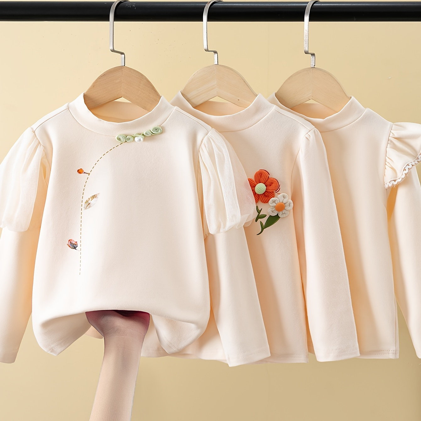 

1pc Girl's Comfy Cotton Long Sleeves High Neck Tee Shirt With Various Flowers Applique, Soft Versatile Top For Spring Fall Everyday Wear