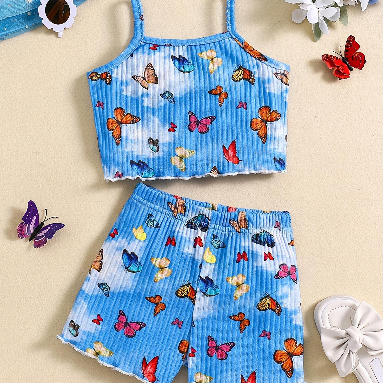 

Butterfly Print 2pcs Girls Sleeveless Cami Top + Shorts Set For Summer Gift