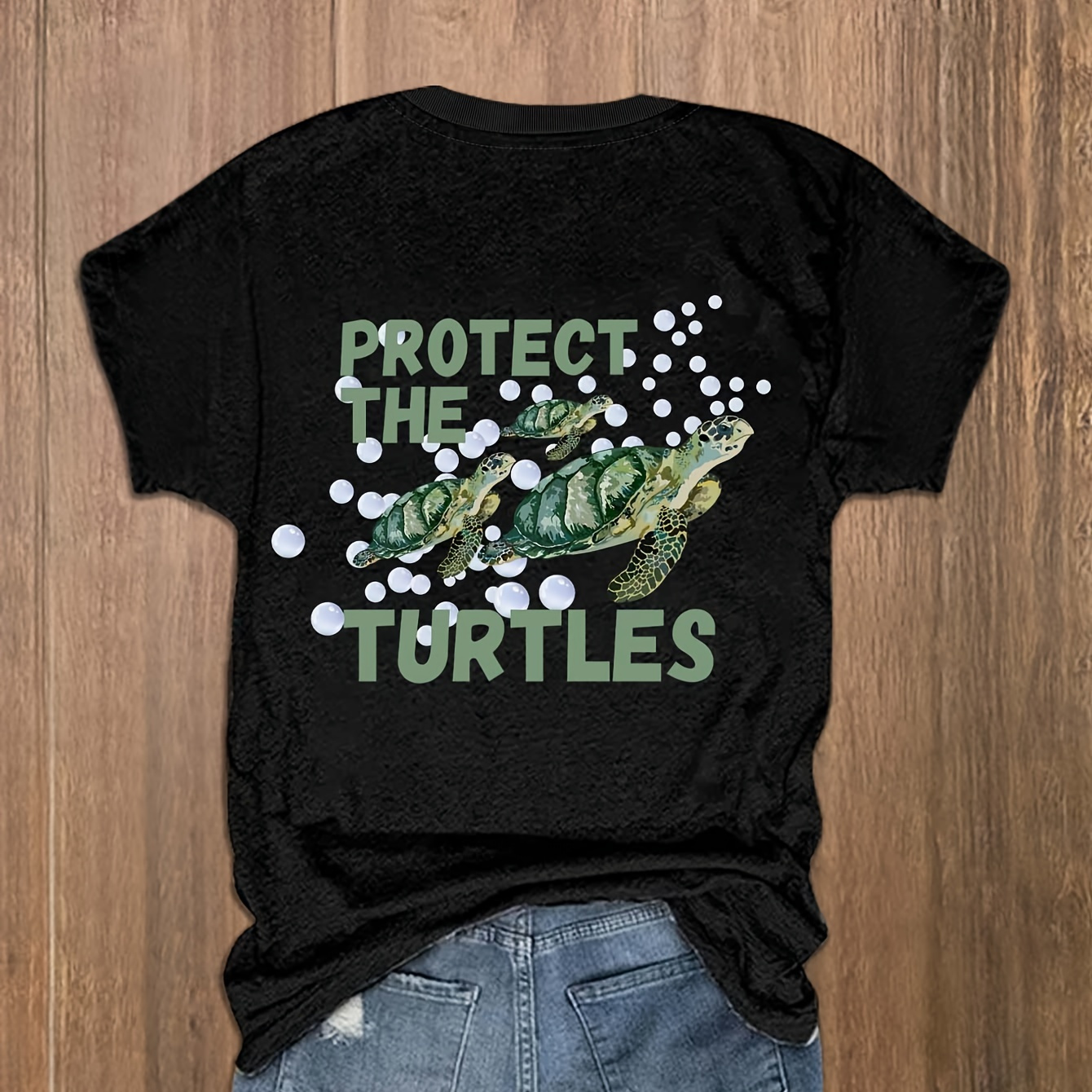 

Protect Turtle Print Summer T-shirt, Casual Short Sleeve Crew Neck Top, Women's Clothing