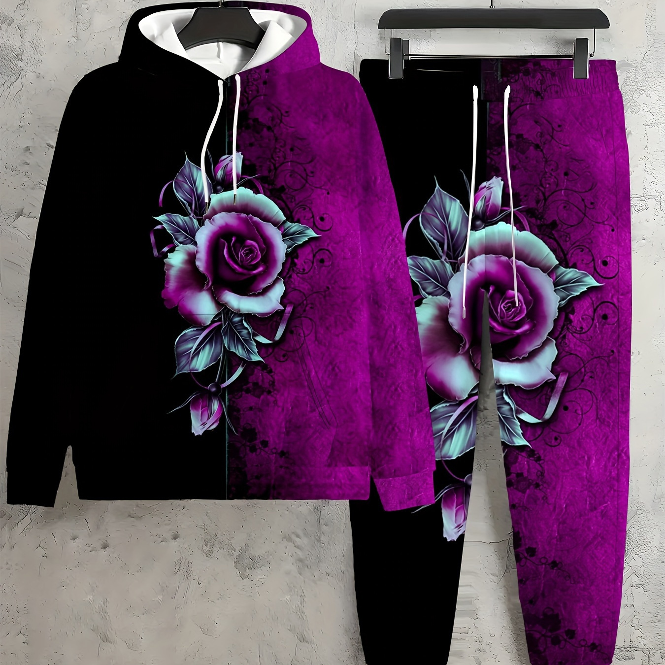 

Women's Plus Size Gothic Rose Print 2pcs Casual Suit, Soft Drawstring Hoodie & Joggers Set, 95% Polyester 5% Spandex, Long Sleeve Pullovers With Pockets, Knit Fabric, Stretch, Autumn/winter Wear