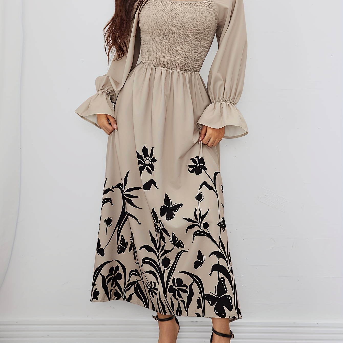 

Floral Print Shirred Midi Dress, Elegant Square Neck Long Sleeve Dress For Spring & Fall, Women's Clothing