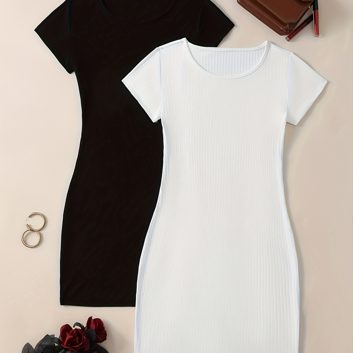 

Two-piece Dress Outfits, Short Sleeve Crew Neck Ribbed Casual Dress 2pcs Set, Women's Clothing
