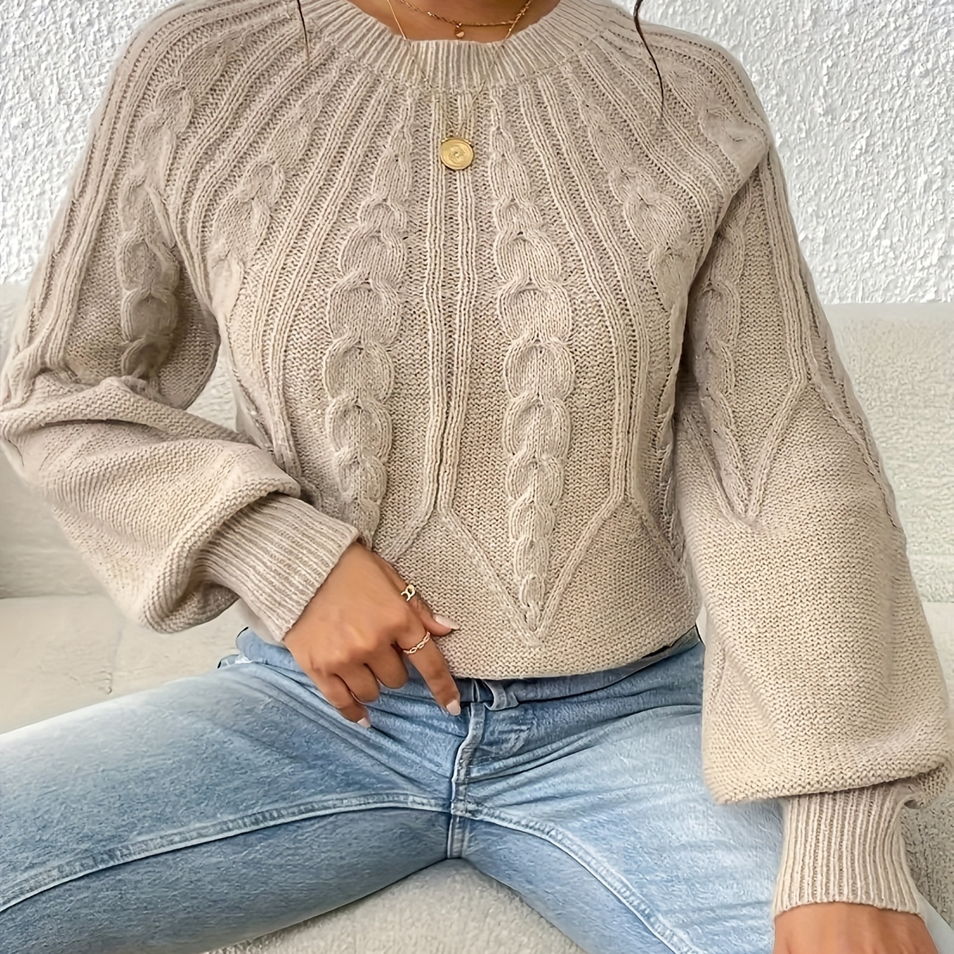 

Pull à col rond en maille torsadée, élégant haut en tricot à manches lanterne pour le printemps et l'automne, vêtements pour femmes.