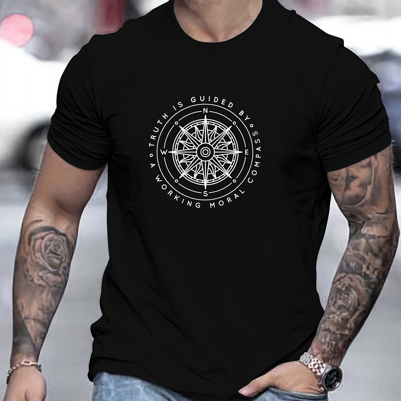 

Compass And Slogan Print T Shirt, Tees For Men, Casual Short Sleeve T-shirt For Summer