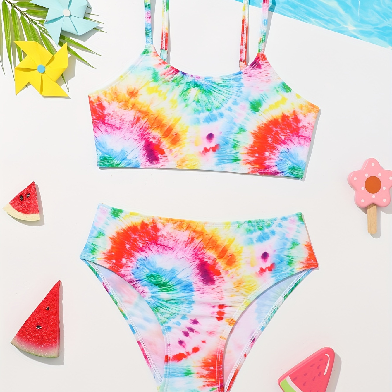 

2pcs Girls Tie Dye Bikini Top And Bottom Beach Pool Holiday Swimsuit Set