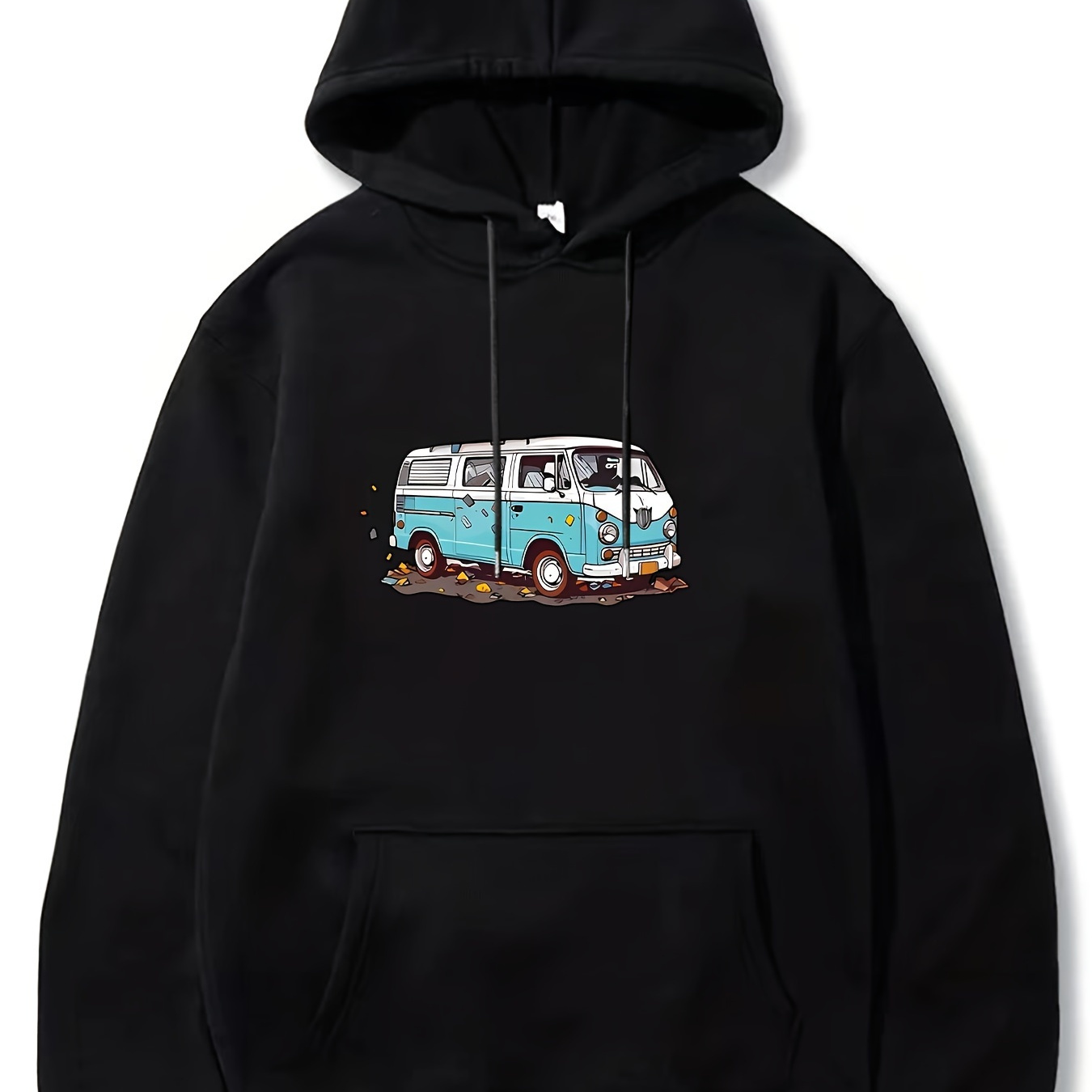 

Sweat à capuche vintage avec cordon de serrage et poche kangourou pour homme, imprimé bus rouillé. Haut polyvalent à coupe standard pour un usage quotidien, meilleur choix pour l'automne et l'hiver.