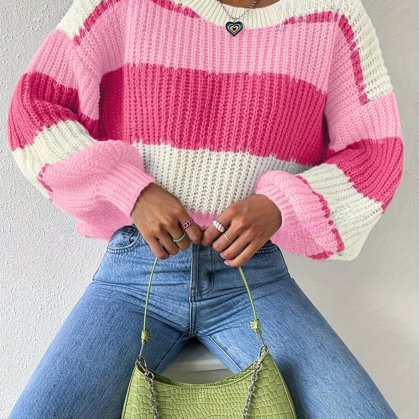 

Knitted Pullover Sweater, Casual Crew Neck Long Sleeve Top For Spring & Fall, Women's Clothing