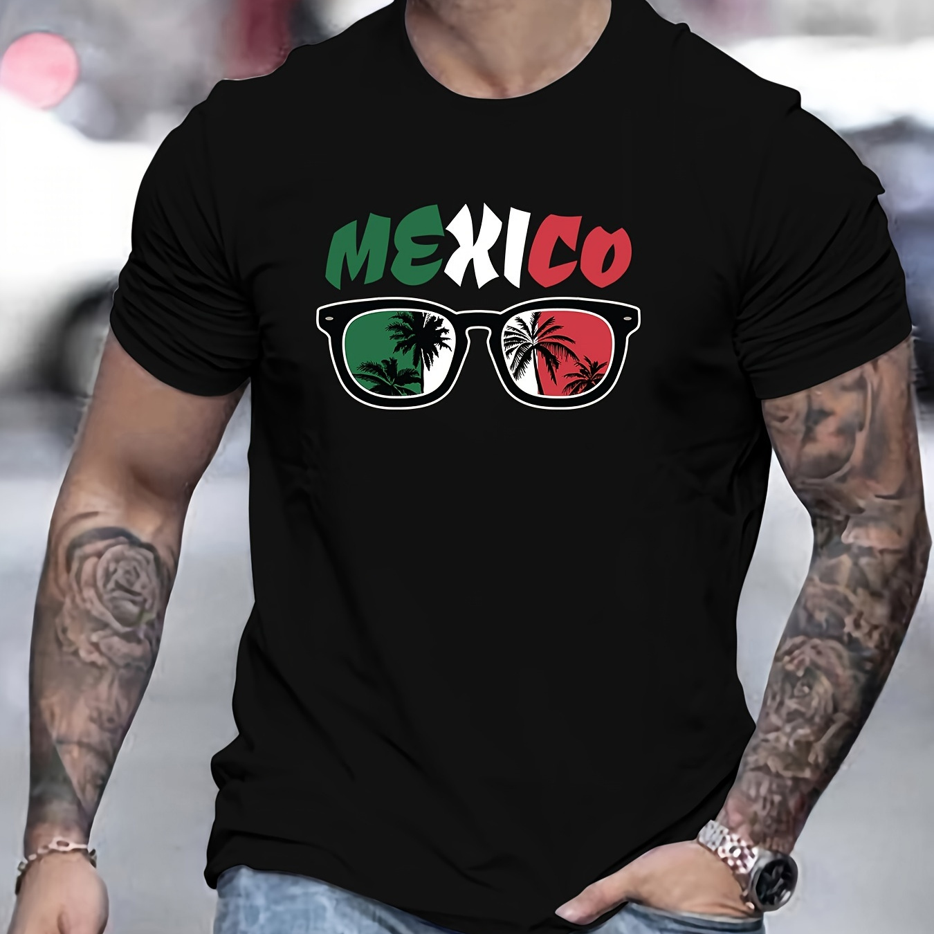 

Men's 100% Cotton Glasses Print T-shirt, Casual Short Sleeve Crew Neck Tee, Men's Clothing For Outdoor