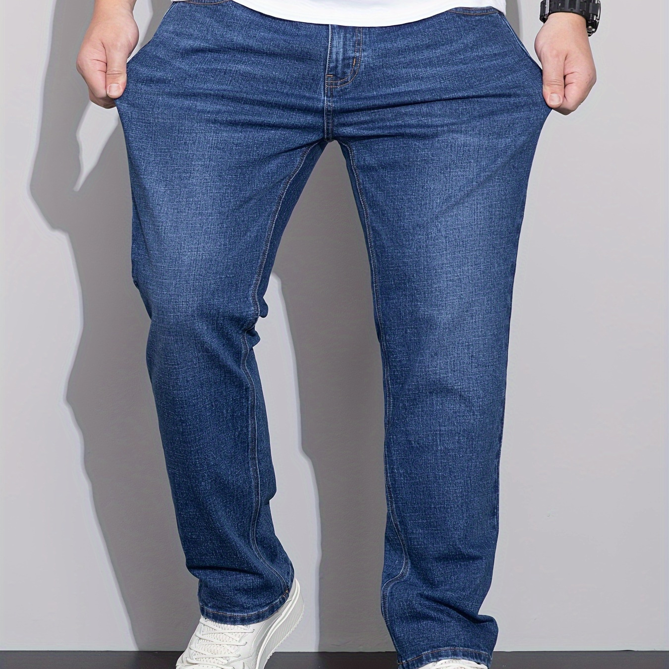 

Plus Size Men's Solid Denim Pants, Spring Fall Trendy Casual Street Style Barrel Jeans