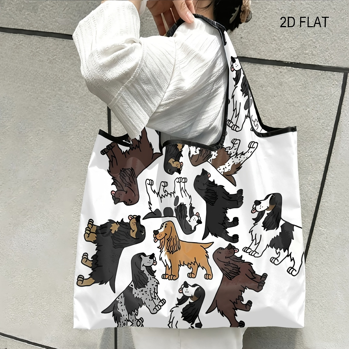 TEMU 1pc Spaniels(1) Theme, Compact Fold Into Pocket Shopping Bag, Reusable Grocery Tote, Portable Lightweight Bag For Travel And Supermarket