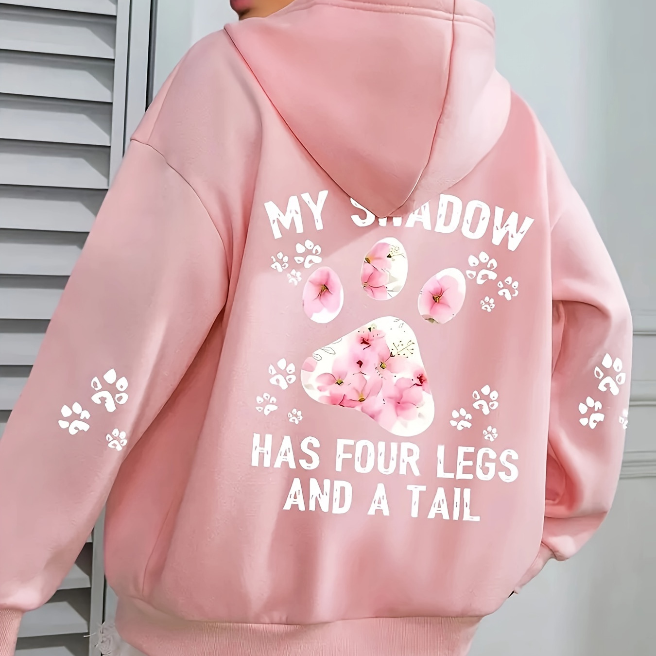 

Paw & Letter Print Drawstring Hoodie, Casual Long Sleeve Kangaroo Pocket Sweatshirt For Fall & Winter, Women's Clothing