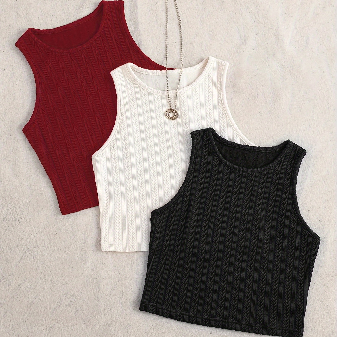 

3pcs Textured Solid Color Crew Neck Tank Top, Casual Sleeveless Top For , Women's Clothing