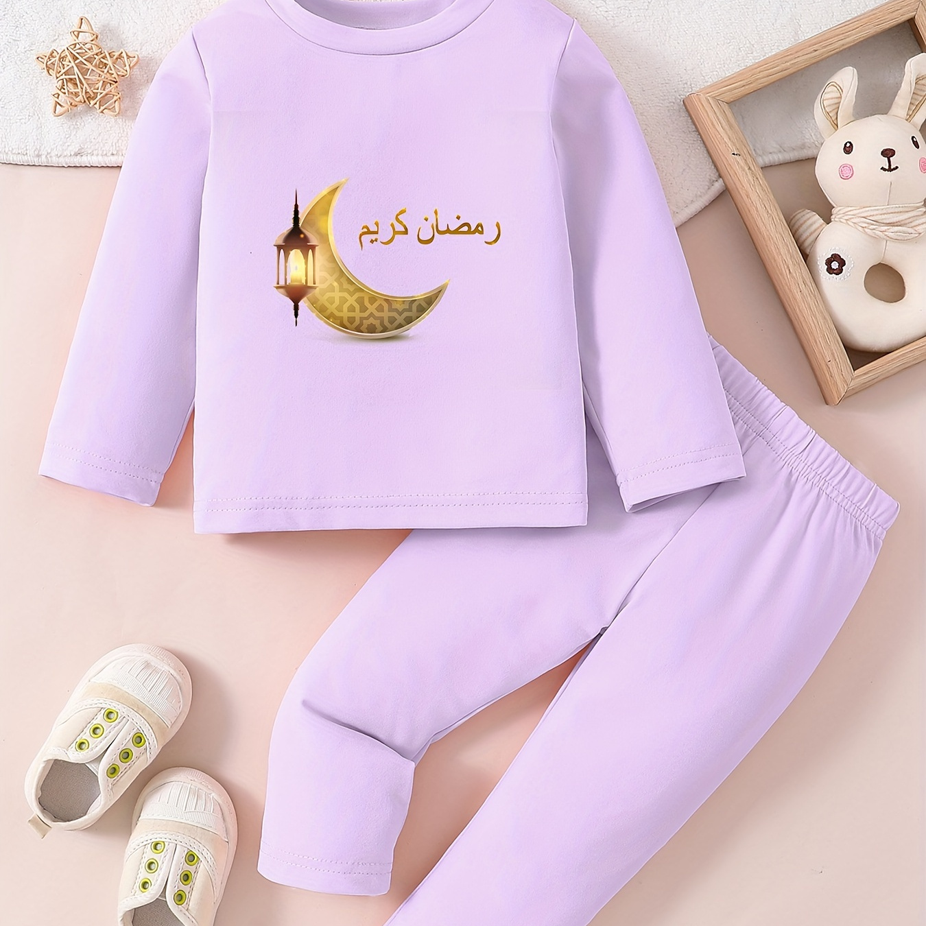 

2pcs Cartoon Color Gradient Moon & Lantern Print Casual Outfit For Infants & Toddler Kids, Long Sleeve T-shirt & Pants Set, Baby Girl's Clothes