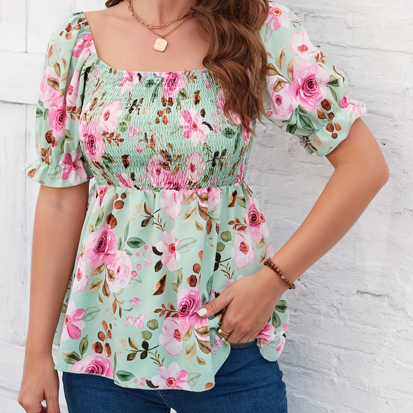 

Floral Print Ruffle Hem Blouse, Vacation Squared Neck Puff Sleeve Blouse, Women's Clothing