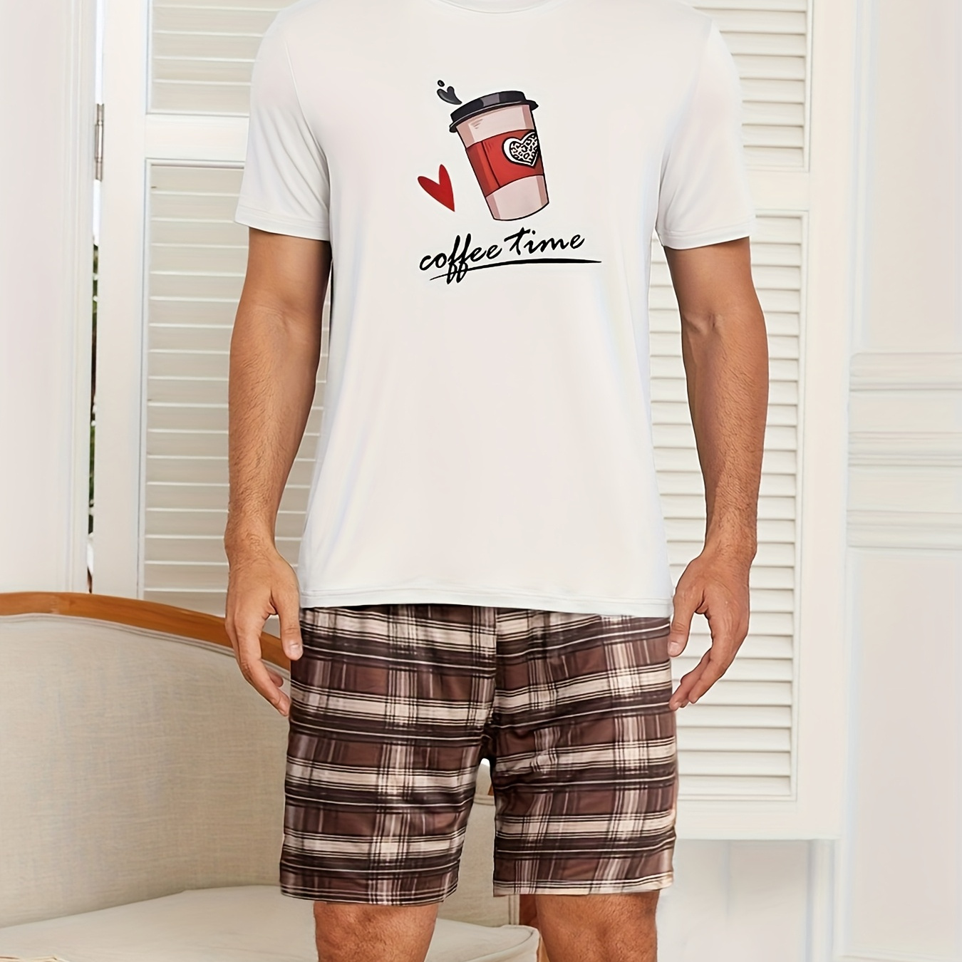 

Print Pajama Set For Men, Casual Short Sleeved Tops And Shorts, Spring And Summer Comfortable Soft Pajamas Set