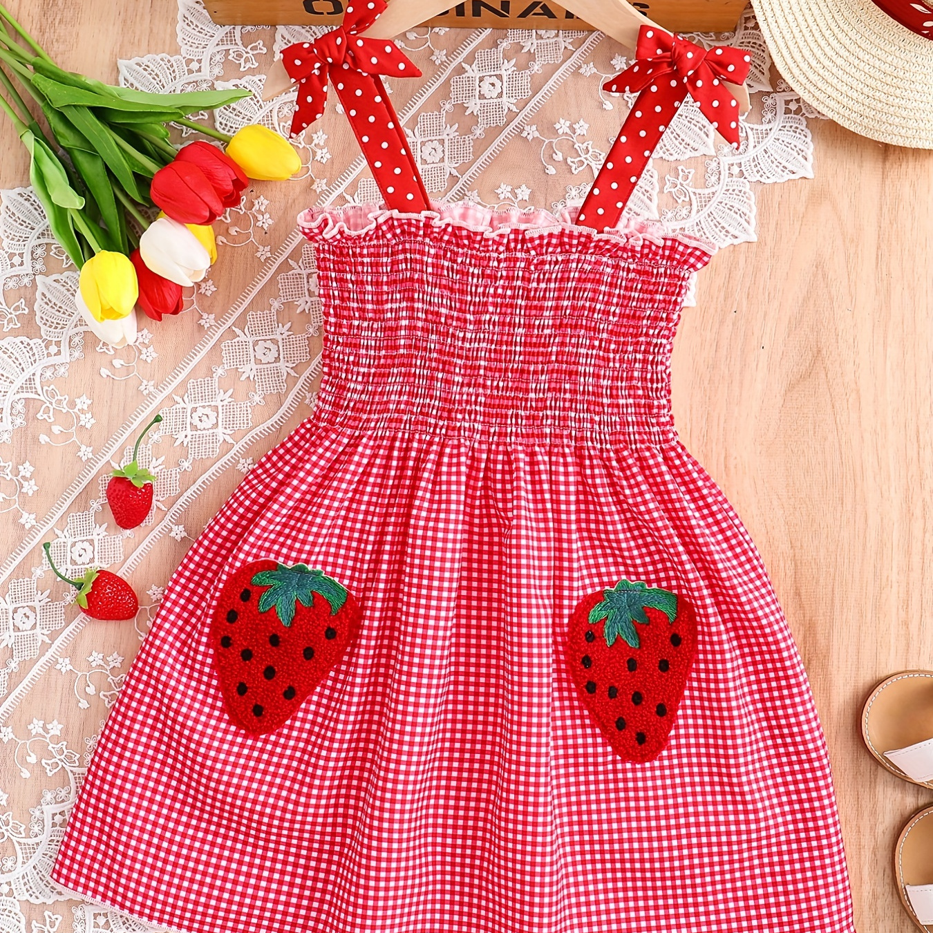 

Toddler Girls Strawberry Graphic Shirred Strappy Sundress Casual Plaid Dresses With Polka Dots Straps For Party Beach Vacation Kids Summer Clothes