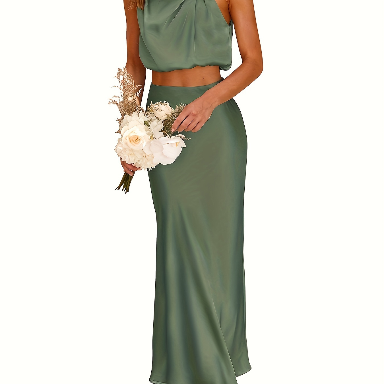 

Elegant Solid Color Party Skirt Set, Turtle Neck Sleeveless Crop Top & High Waist Maxi Skirt Outfits, Women's Clothing
