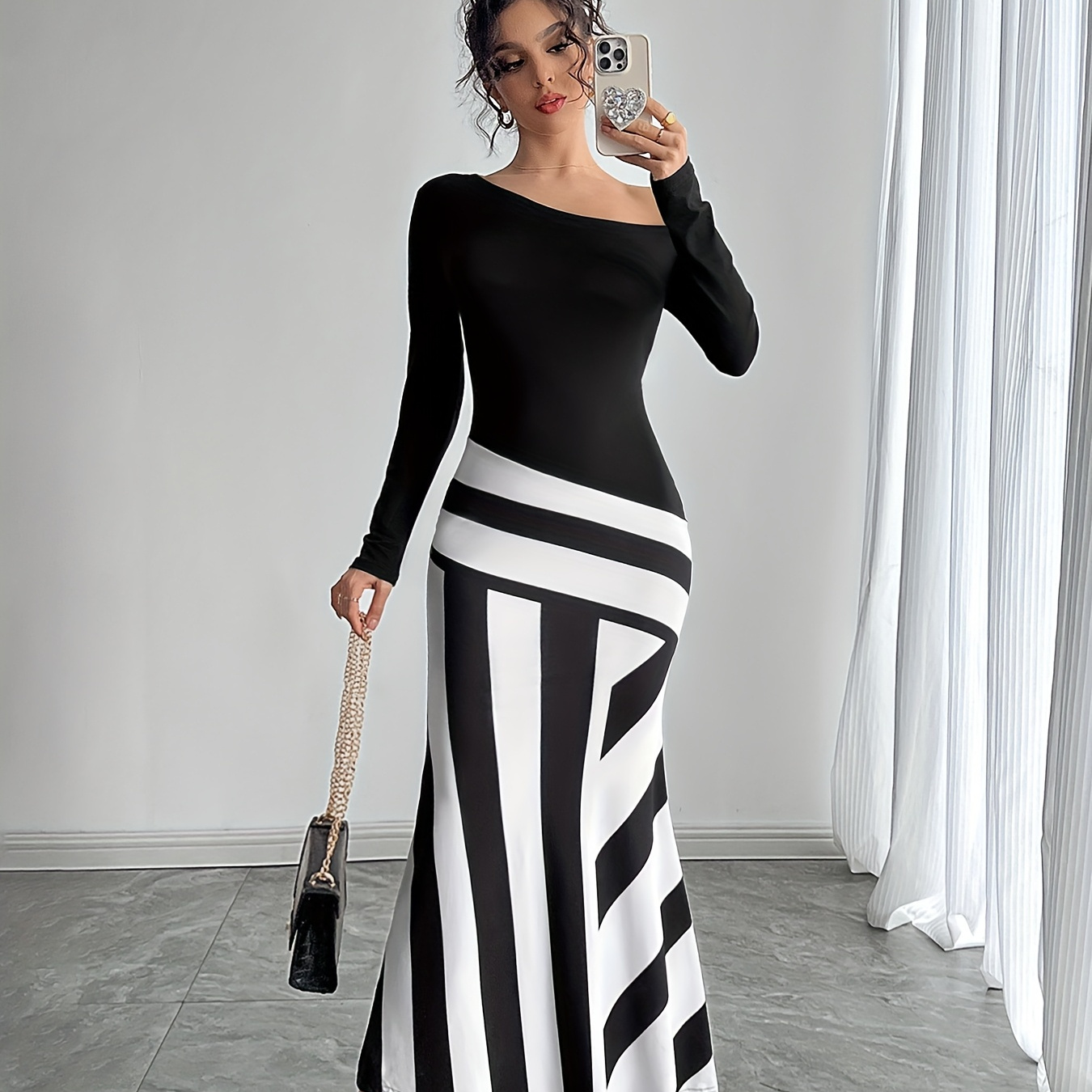 

Size Off-shoulder Striped Mermaid Dress With Asymmetrical Hem - Casual, Stretchy Polyester Blend, Machine Washable