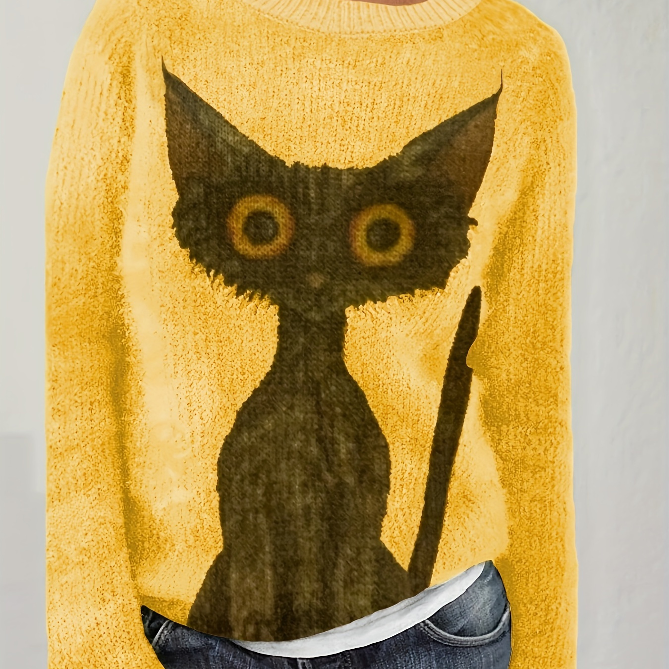 

Cat Pattern Knit Sweater, Casual Long Sleeve Pullover Sweater, Women's Clothing