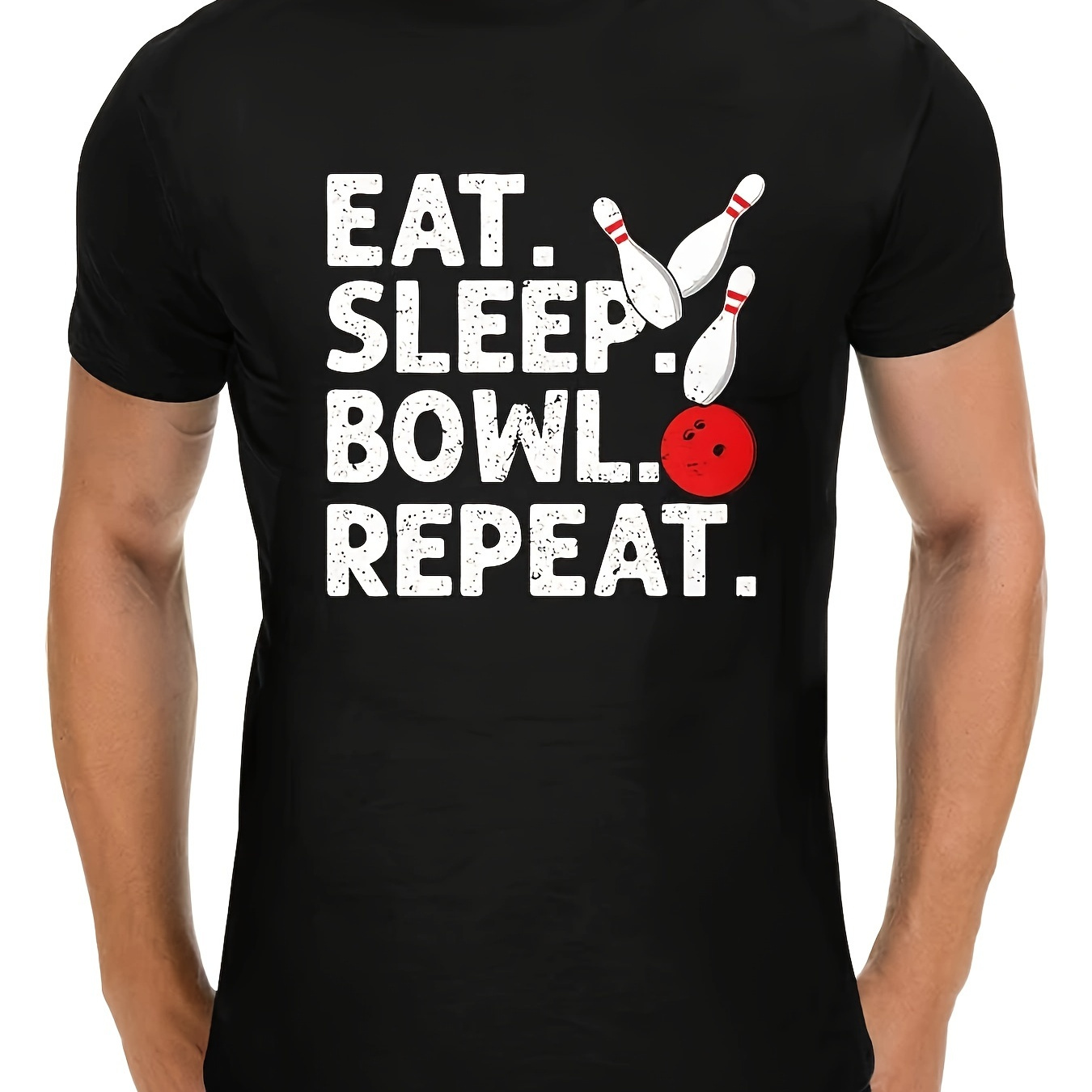 

men's Black Cotton T-shirt With Bowling Theme - 'eat. Sleep. Bowl. Repeat.' With Bowling Ball Graphic - Perfect For Bowling Enthusiasts