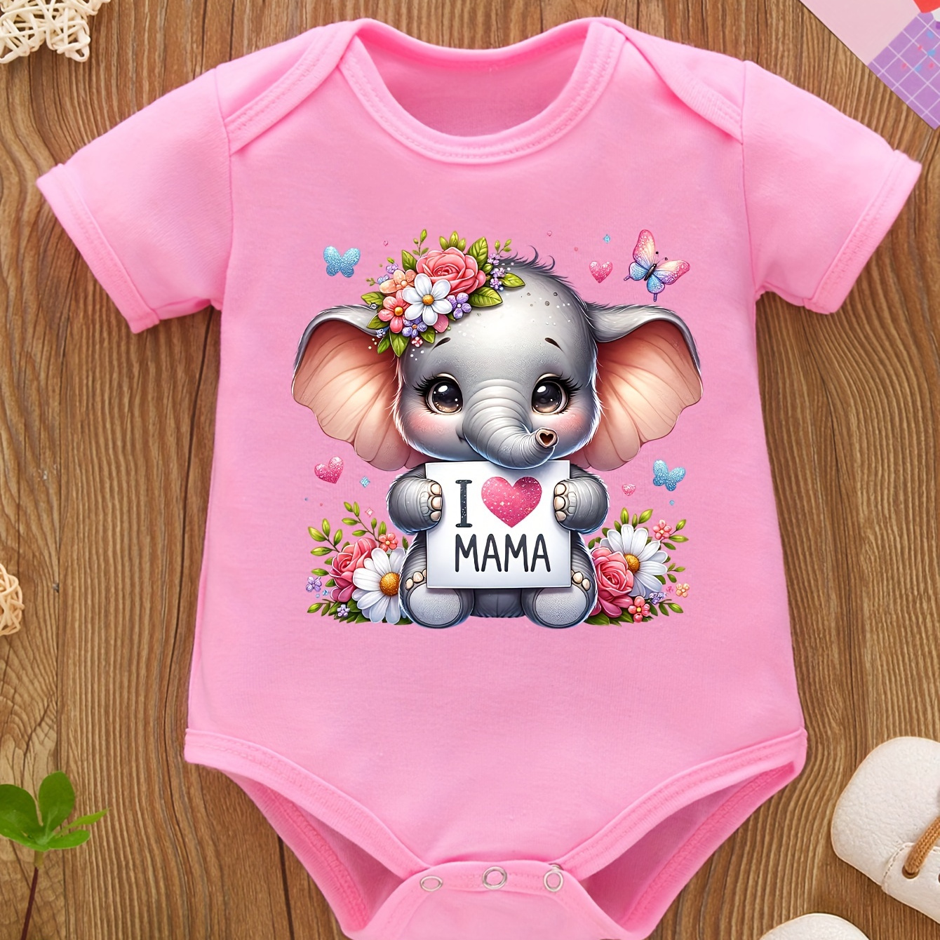

Baby's "i Love Mama" Cartoon Elephant Print Triangle Bodysuit, Comfy Short Sleeve Romper, Toddler & Infant Girl's Onesie For Summer, As Gift