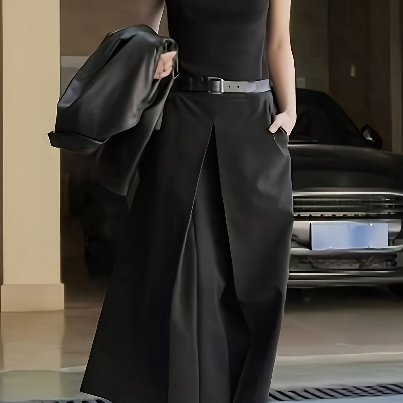 

Women' Black A-line Midi Skirt With Slant Pockets - High-waisted, Flared Design, Polyester Fabric, Commuting Or Casual Outfits