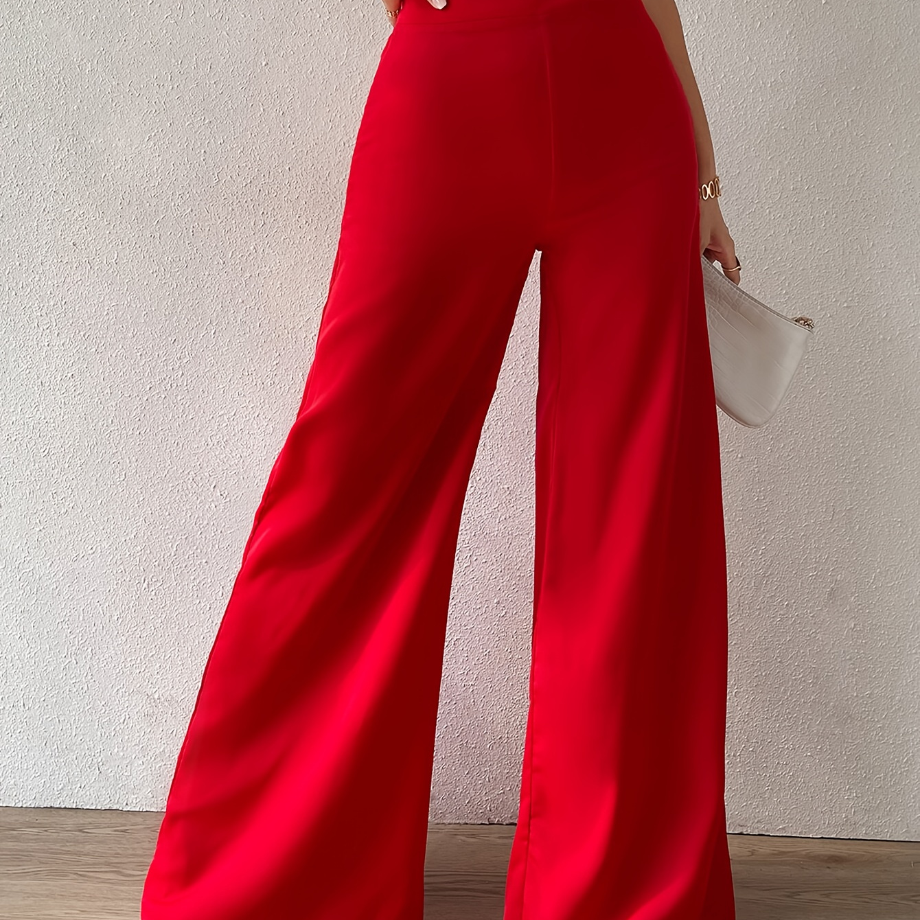 

Solid Color High Waist Pants, Elegant Wide Leg Pants For Spring & Fall, Women's Clothing