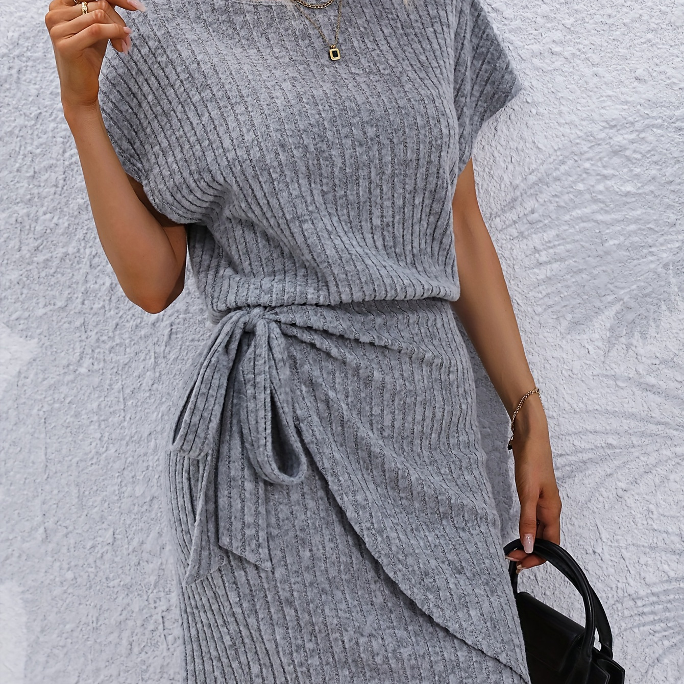 

Elegant Batwing Sleeve Bodycon Dress With Tie-side Hem - Crew Neck, Stretchy Polyester , Machine Washable - All , Middle Style, All//all