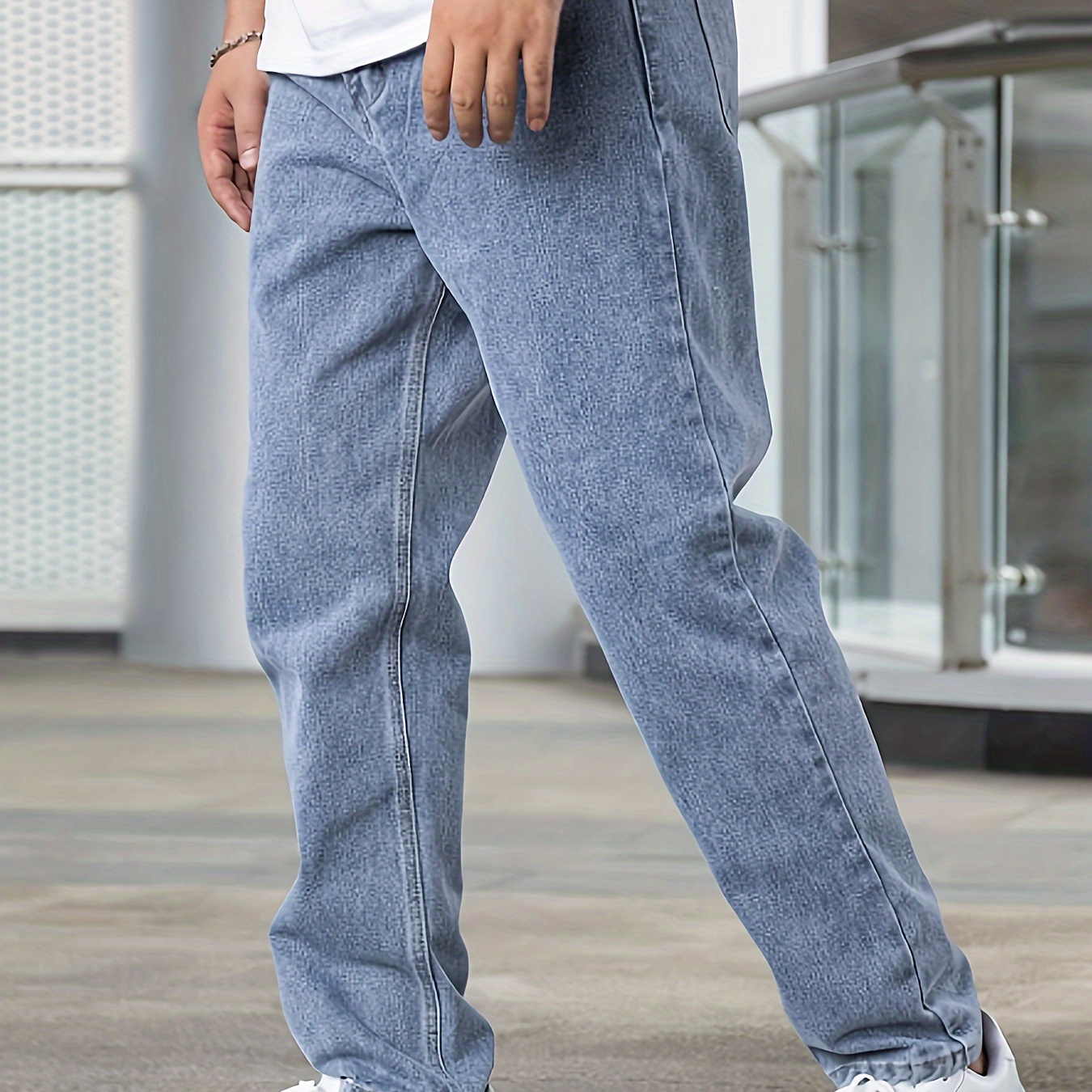 

Solid Wide Leg Denim Pants For Men, Trendy Casual Jeans, All-season Clothing For Males