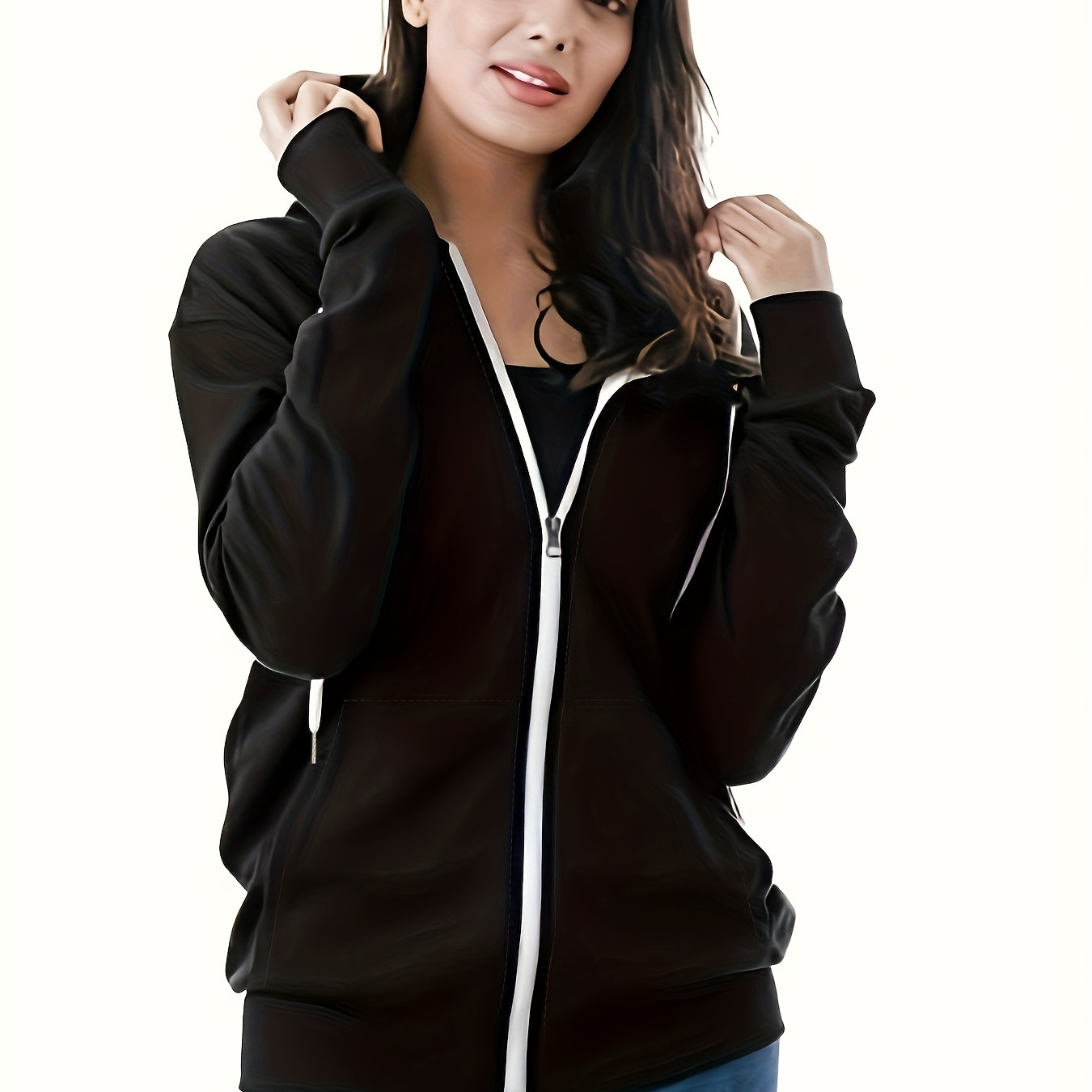 

Plus Size Casual Sweatshirt, Women's Plus Colorblock Zip Up Long Sleeve Drawstring Hooded Sweatshirt Coat With Pockets