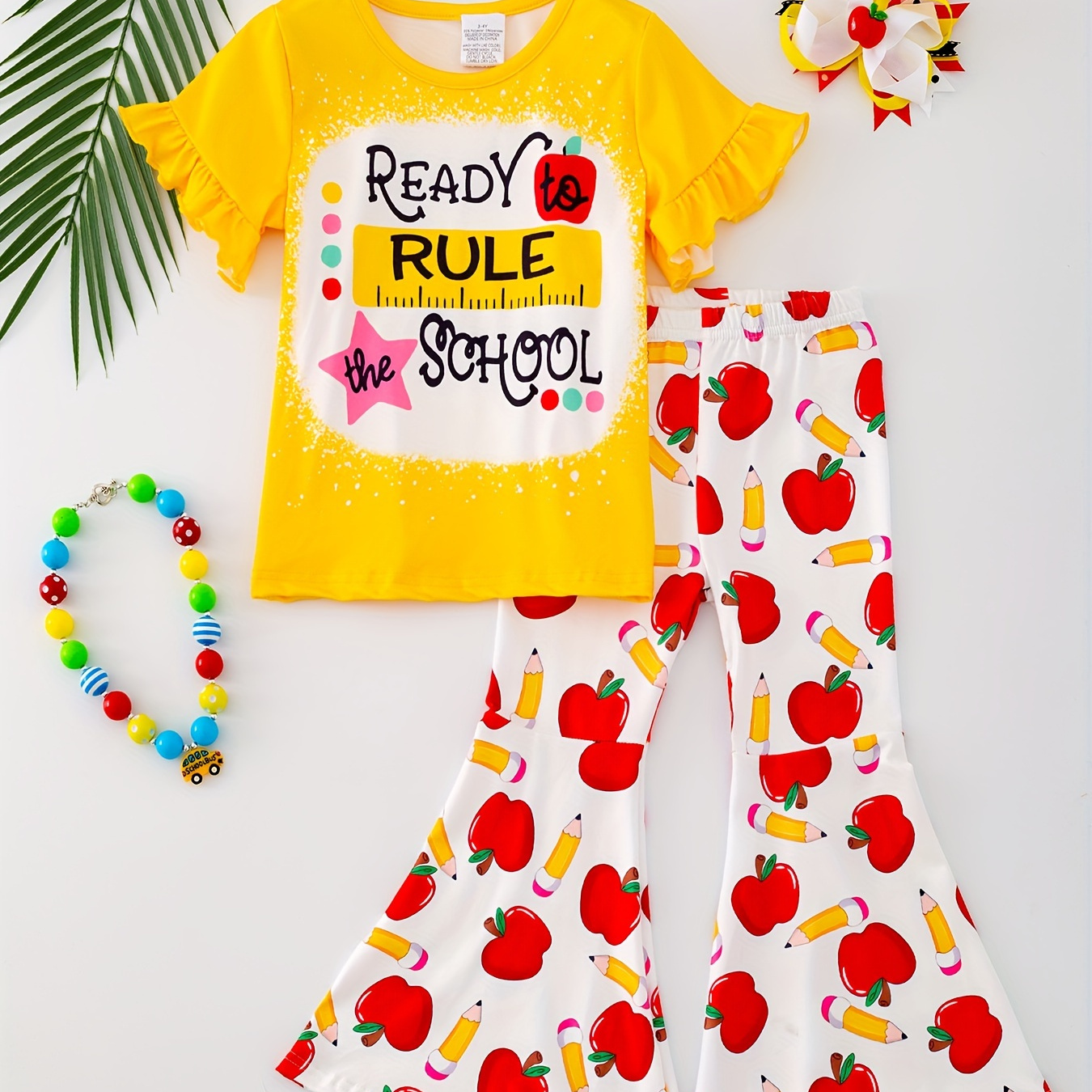 

2pcs, Letters Print Frill Short Sleeve Crew Neck T-shirt + And Pencil Graphic Flare Pants Set For Girls, Comfy And Trendy Summer Gift