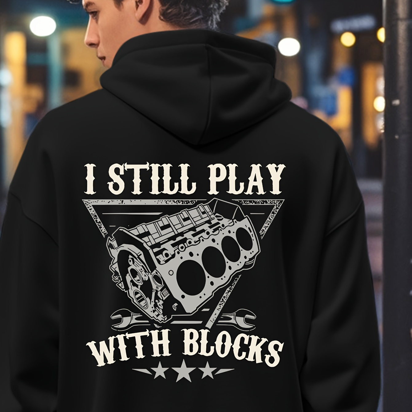 

Men's Engine Mechanic Graphic Hoodie - Long Sleeve Casual Hooded Sweatshirt With Building Blocks Print, Cozy Pullover For Autumn & Winter